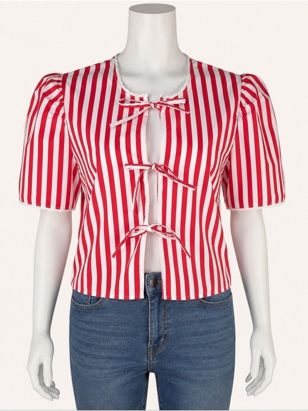 Brunette The Label Red Stripe Tie Front Poplin Top M/L NWT Cottagecore - Picture 3 of 10